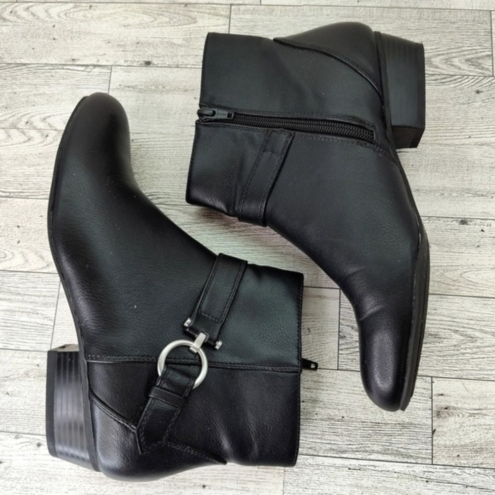 Laura Ashley Black Ankle Boots 7 Womens Moto Rocker Low Heel Buckle Detail  (F8)